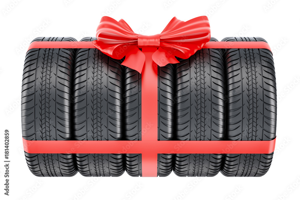Tires wrapped ribbon and bow, gift concept. 3D rendering Tires wrapped ribbon and bow, gift concept. 3D rendering