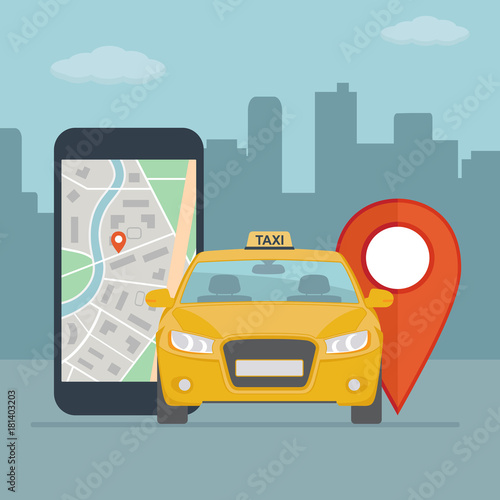 Taxi cab and mobile phone with map on city background. Taxi service concept . Flat style vector illustration.

