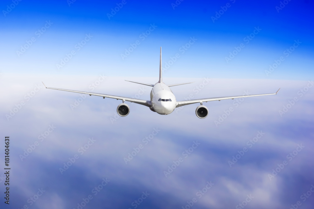 Obraz premium Samolot leci w błękitne pochmurne niebo. Samolot na niebie