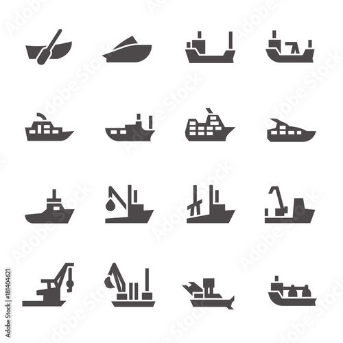 Icons of passenger and industrial ships in glyph style / There are ships like boat, powerboat, dry-cargo ship, tanker, pleasure boat, passenger ship, cruise ship, speedboat, transport tow, seiner
