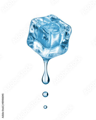 Drops fall down from the ice cube on white background