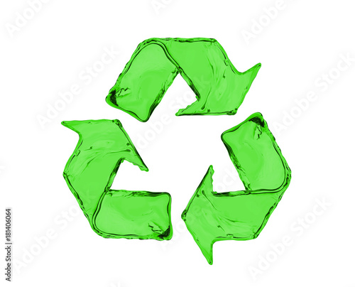 Green recycling sign made of water on white background photo