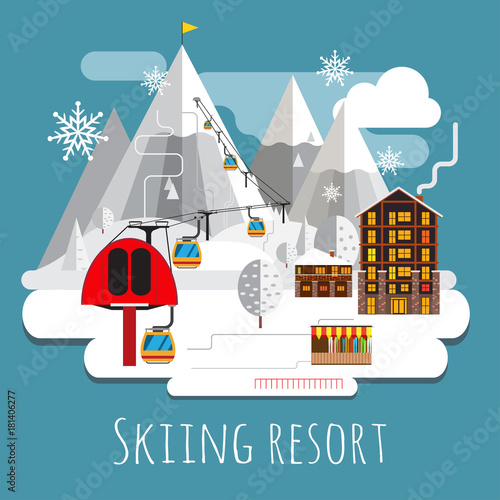 Flat design panoramic landscape of skiing resort. © MNaniti