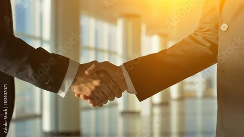 The two businessmen handshake on the sunny background. slow motion