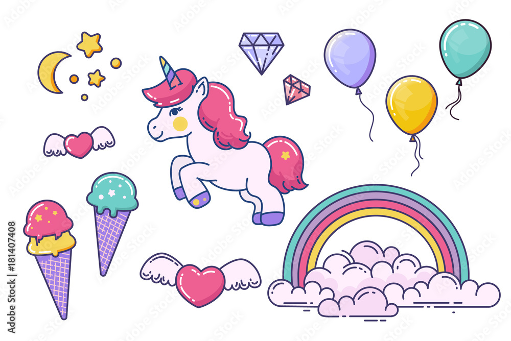 Naklejka premium Unicorn and fairy elements isolated on white