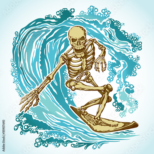 Dead surfer skeleton on the Board in the blue waves