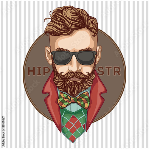 Bearded Hipster with glasses, bow tie on vintage background