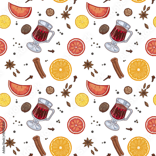 pattern, mulled wine in the glass and components on a white background, spices and citrus