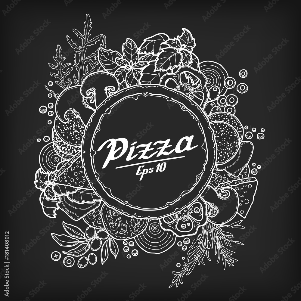 pizza and ingredients on the chalk board, cheese, vegetables, dough, meat pizza and ingredients on the chalk board, cheese, vegetables, dough, meat
