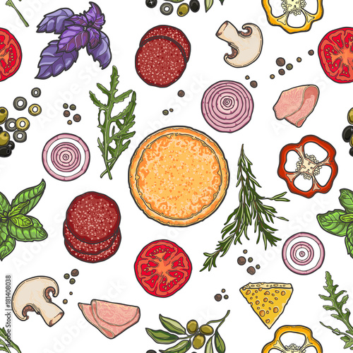pattern, pizza and ingredients on white background, cheese, vegetables, dough, meat