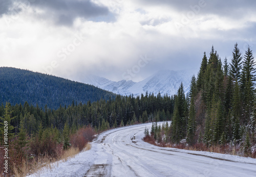 Winter road in the mountains, Kananaskis, Alberta, Canada