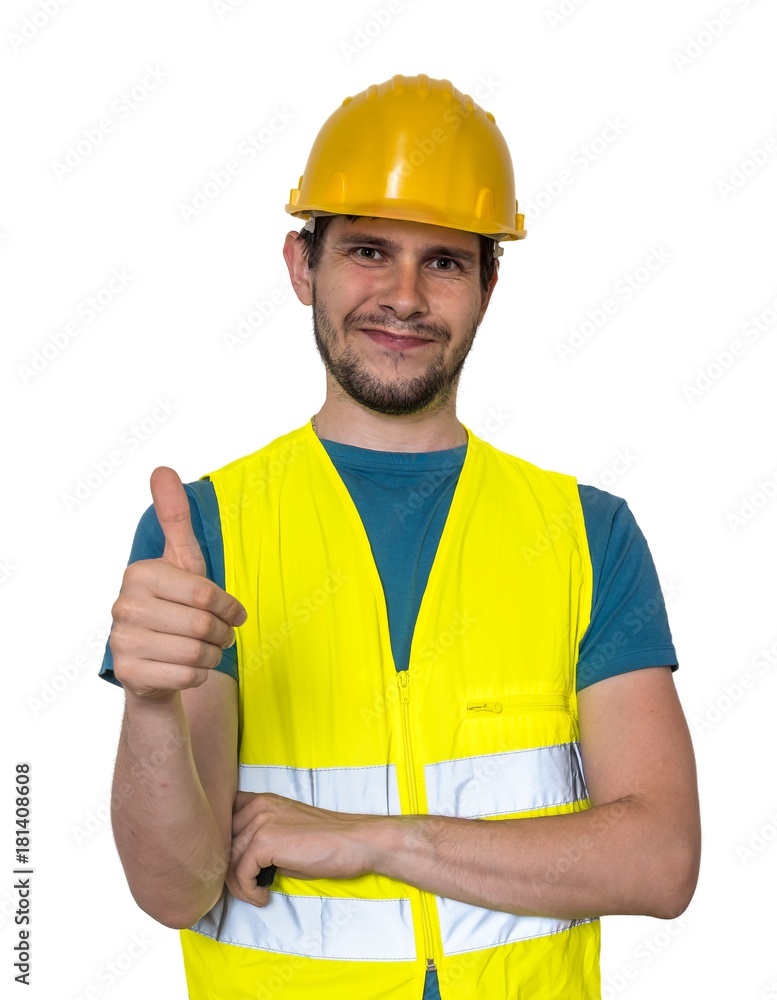 Happy smiling worker is showing thumbs up gesture. Isolated on white background. Happy smiling worker is showing thumbs up gesture. Isolated on white background.