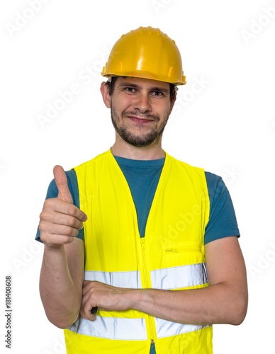 Happy smiling worker is showing thumbs up gesture. Isolated on white background.