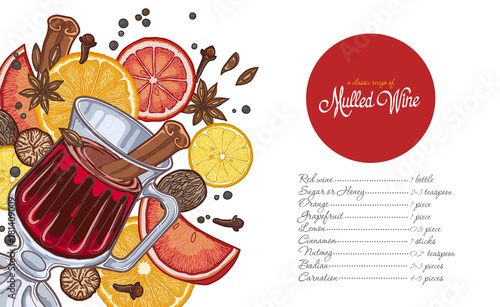 mulled wine in the glass and components on a white background, spices and citrus, recipe, the list of ingredients