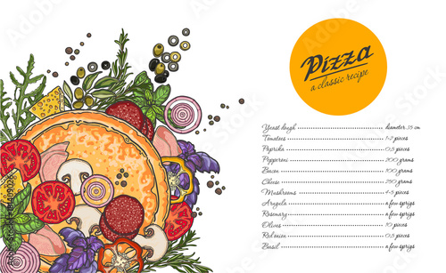 pizza and ingredients on white background, cheese, vegetables, dough, meat, recipe, the list of ingredients
