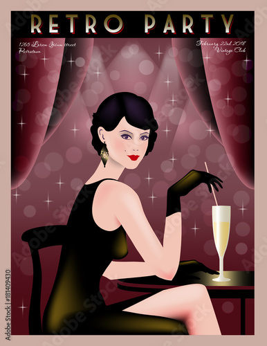 Retro Party invitation card. Handmade drawing vector illustration. Art deco style.