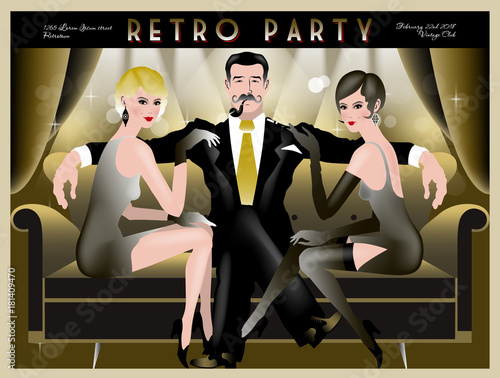 Retro Party invitation card. Handmade drawing vector illustration. Art deco style.