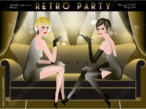 Retro Party invitation card. Handmade drawing vector illustration. Art deco style.