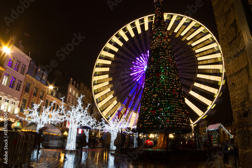 Photography Lille, France, Christmas Market 2017 with Ferris wheel, big tree, lights and mar