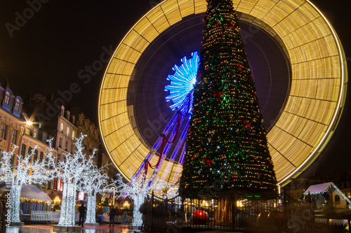 Photography Lille, France, Christmas Market 2017 with Ferris wheel, big tree, lights and mar