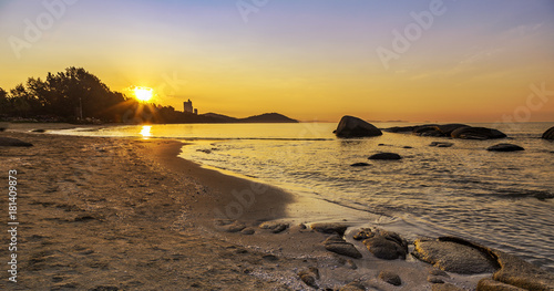 Beautiful seascape of Mae Pim beach during sunrise in Rayong province of Thailand.