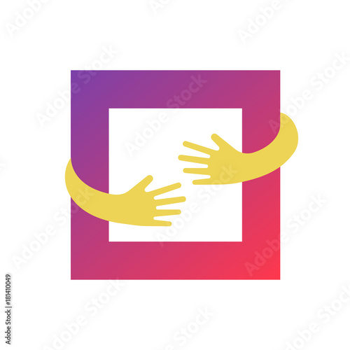 Square hug logo design graphic. Abstract hands and rectangle vector logo template