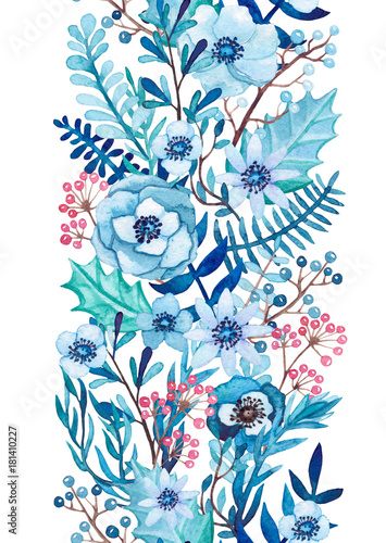 Obraz na płótnie Bezszwowe granica akwarela niebieskie kwiaty czerwone jagody