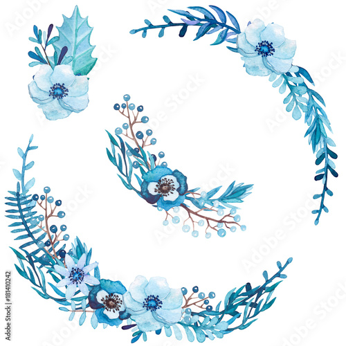 Watercolor Floral Arragements with Blue Flowers and Leaves photo