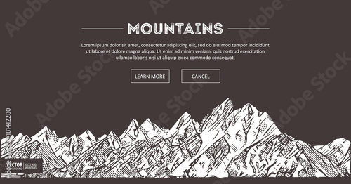 Mountains ranges. Nature sketch. Spiky mountain landscape sketch hand drawing, in engraving etching style, for extreme climbing sport, adventure travel and tourism design. Vector panorama.