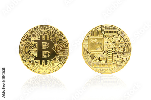 Back and front view of golden bitcoin isolated on white background