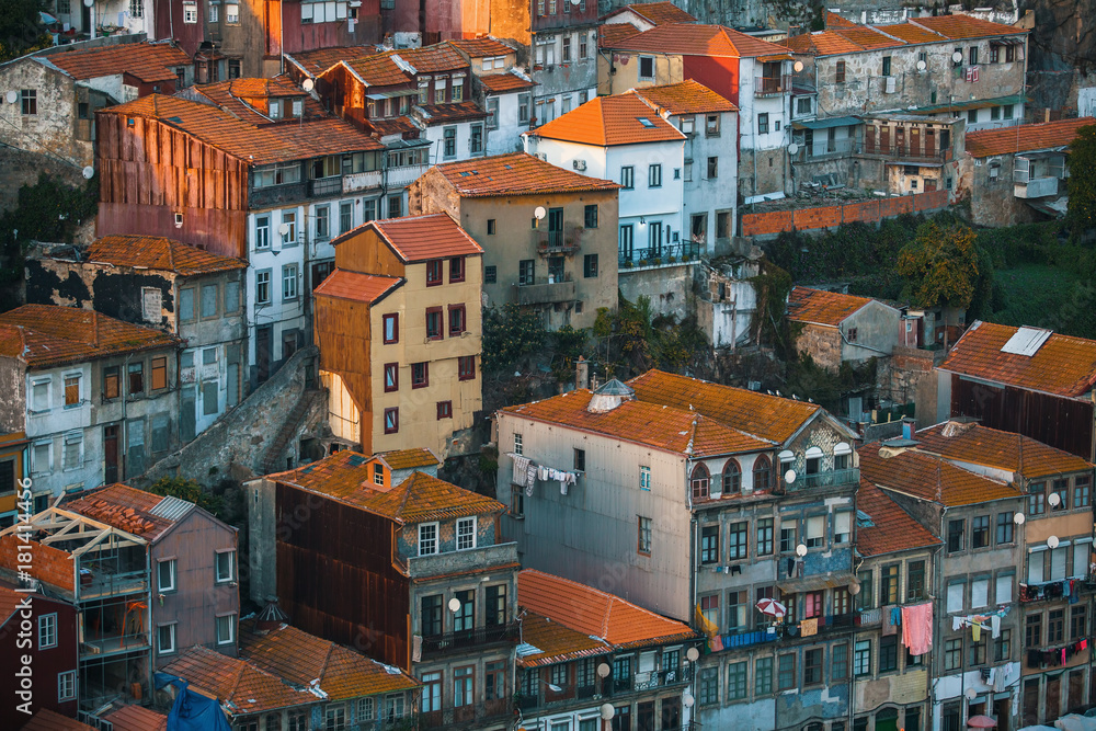 Facades of residential houses in old town Porto, Portugal.