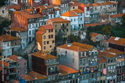 Facades of residential houses in old town Porto, Portugal.