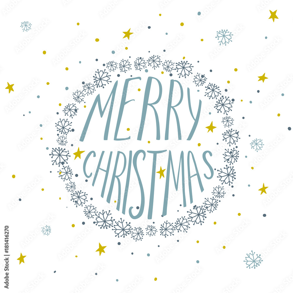 Fototapeta premium Christmas card with round frame of hand drawn snowflakes