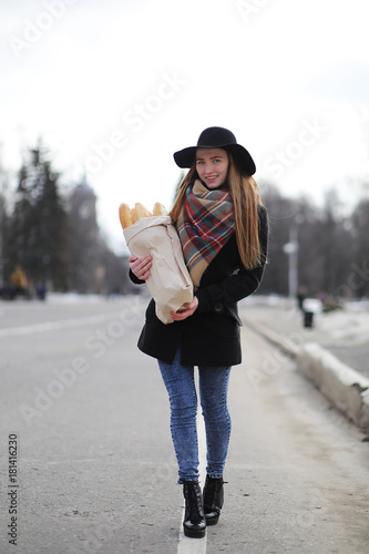 French woman with baguettes in the bag  © alexkich