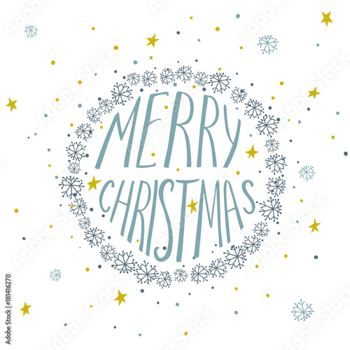 Christmas card with round frame of hand drawn snowflakes