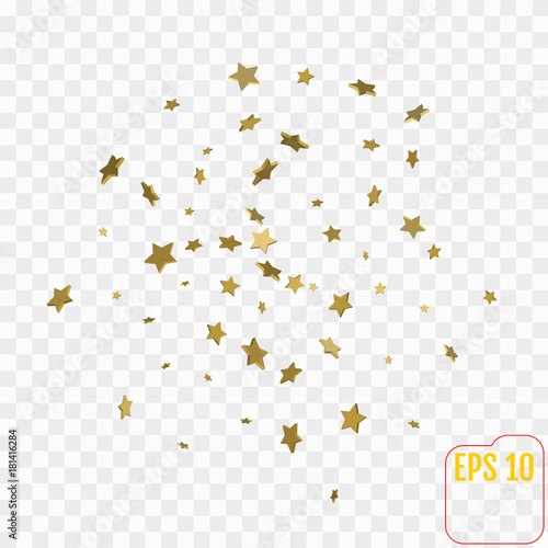 Shimmering Stars Confetti on transparent Sky. Greeting Card, Wedding, Invitation Template Background with Free Space. Luxury, Glamour Design Pattern with golden 3d Stars.