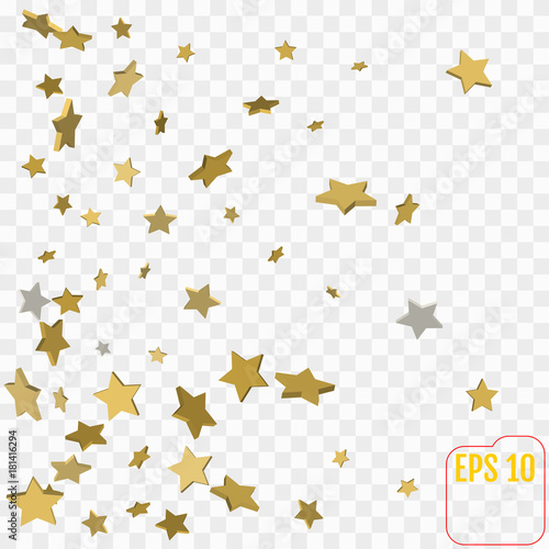 Shimmering Stars Confetti on transparent Sky. Greeting Card, Wedding, Invitation Template Background with Free Space. Luxury, Glamour Design Pattern with golden 3d Stars.