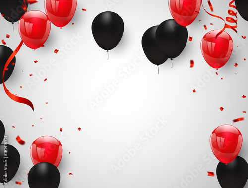 Naklejka Czerwoni czarni balony, confetti pojęcia projekt Szczęśliwy powitania tło. Ilustracja wektorowa celebracja.