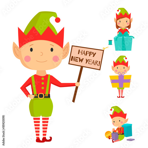 Santa Claus kids cartoon elf helpers vector illustration children characters traditional costume