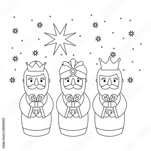 outlined three magic kings bring presents to jesus vector illustration