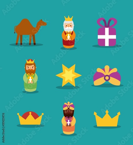 three wise men icons magic kins presents star crown camel vector illustration