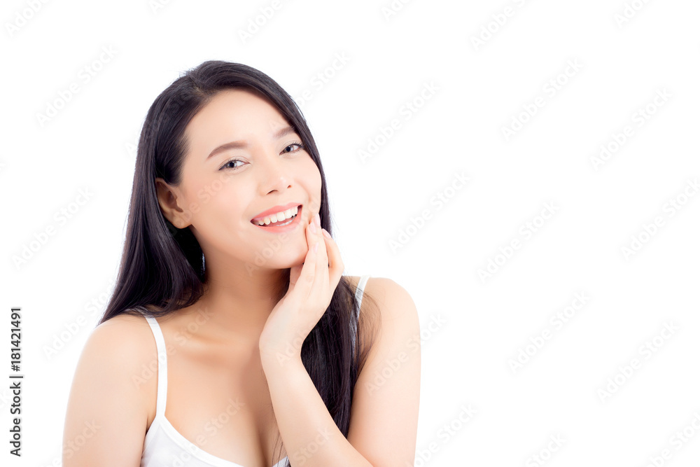 Portrait of beautiful asian woman makeup of cosmetic, girl hand touch cheek and smile attractive, face of beauty perfect with wellness isolated on white background with skin healthcare concept. Portrait of beautiful asian woman makeup of cosmetic, girl hand touch cheek and smile attractive, face of beauty perfect with wellness isolated on white background with skin healthcare concept.