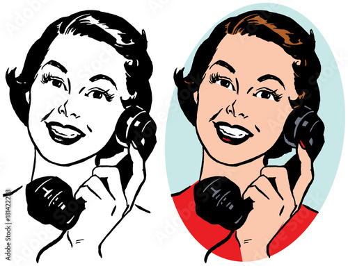 A smiling woman talking on a vintage telephone.