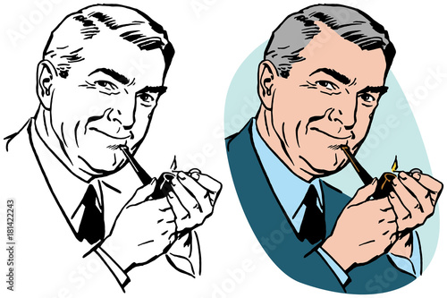 A mature businessman smoking a pipe.
