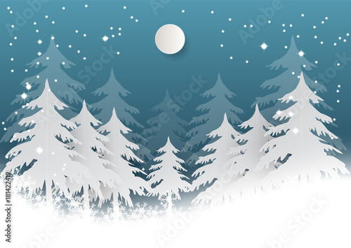 Snowflake with tree on blue background for Christmas Season, Vector illustration Paper art  style