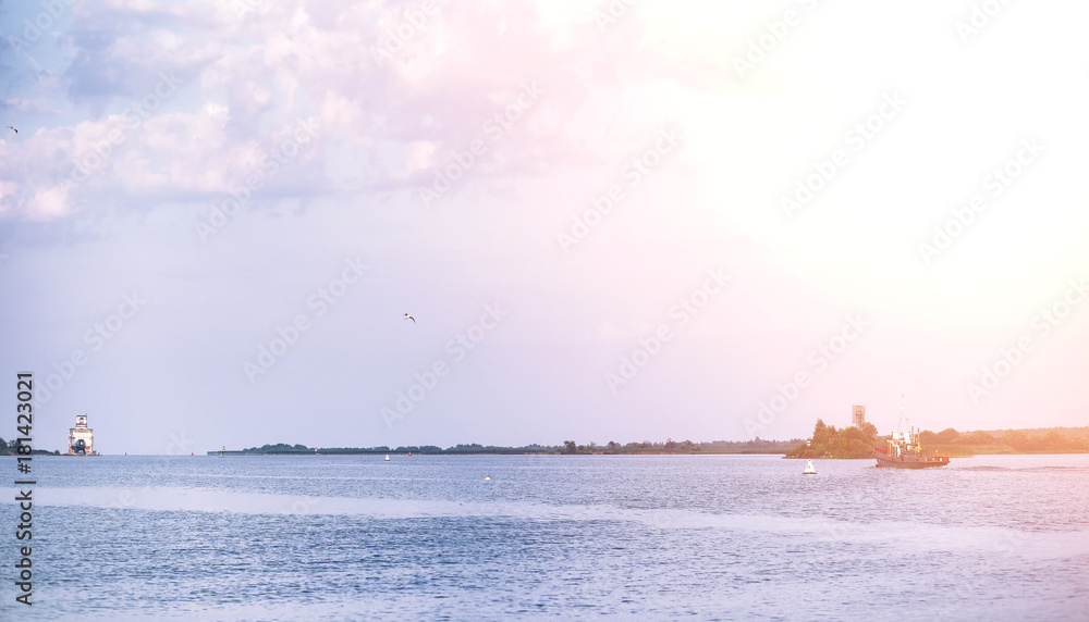 Landscape lake. Texture of water. The lake is at dawn. The mouth