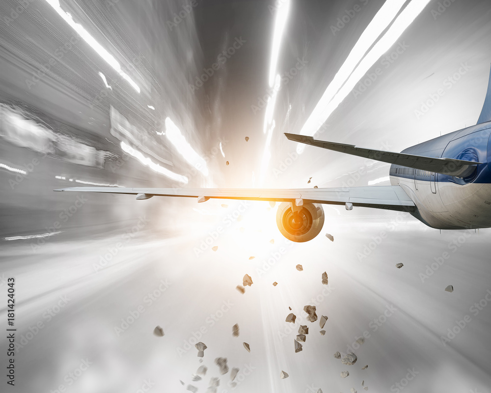 Emergency airplane landing. Mixed media Emergency airplane landing. Mixed media