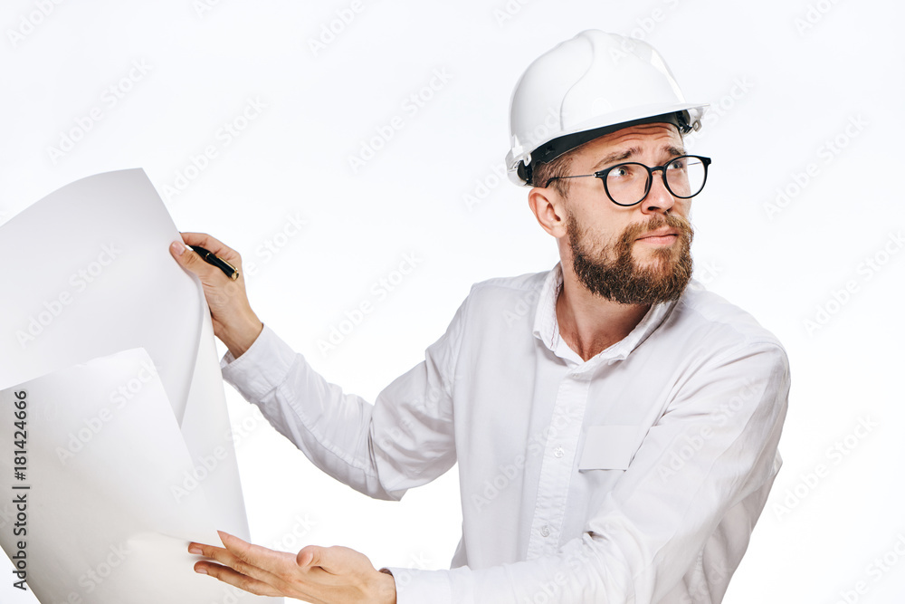Engineer with beard on white isolated background, builder