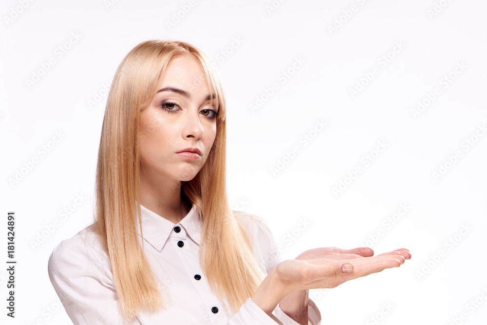 Woman on white isolated background shows on empty space, blonde, office, business Woman on white isolated background shows on empty space, blonde, office, business