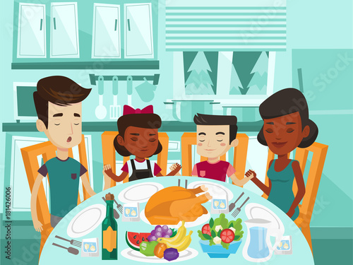 Multiracial religious family giving thanks to God at festive table while holding each other hands and praying. Biracial parents and kids praying before thanksgiving dinner. Vector cartoon illustration